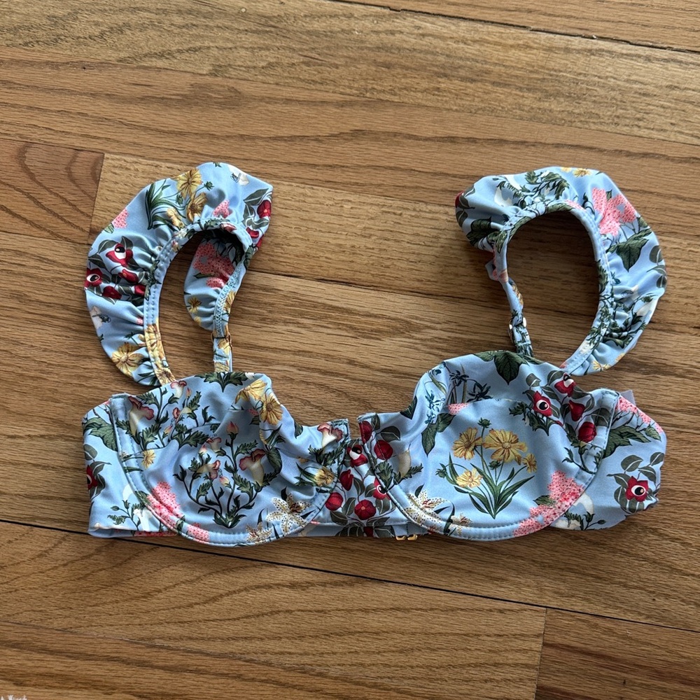 Agua by Agua Bendita Light Blue Floral Ruffle Strap Bikini Top